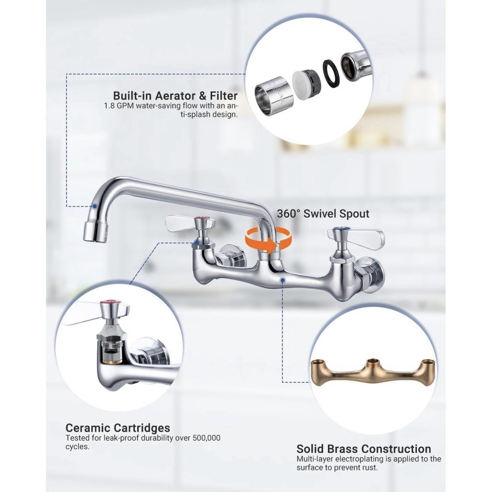 Kitchen Sink Faucet Wall Mount 8" Commercial Dual Handle Swivel Spout Chrome - Picture 6 of 12